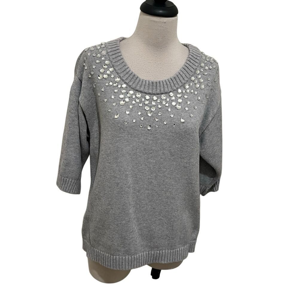 Boston Proper Women's Jeweled Embellished Pullover Knit Sweater Gray Small